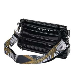 Think Royln Bank Street Black Shiny Front Zip Wallet Patent Crossbody Purse